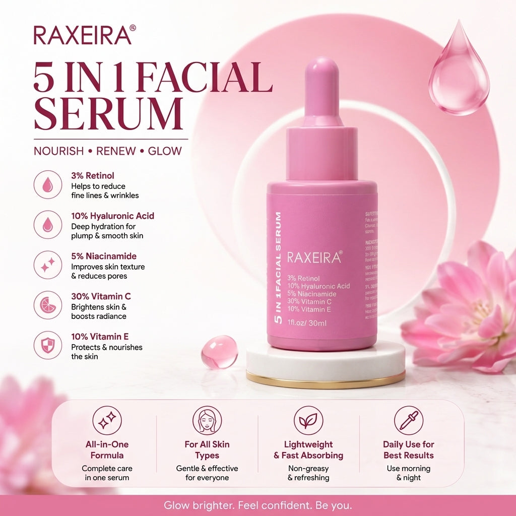 RAXEIRA 5-in-1 Facial Serum 30ml | Anti-Ageing, Brightening & Hydrating